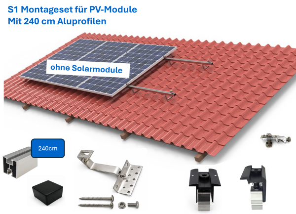 Ziegeldach Montage-Set mit 240cm Aluprofilen für Solar Photovoltaik Module