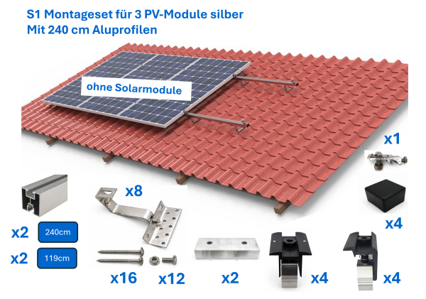 Ziegeldach Montage-Set silber mit 240cm Aluprofilen für 3 Solar PV-Module