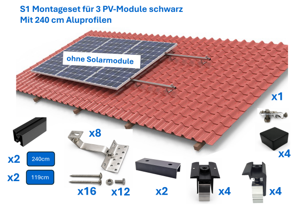 Ziegeldach Montage-Set schwarz mit 240cm Aluprofilen für 3 Solar PV-Module