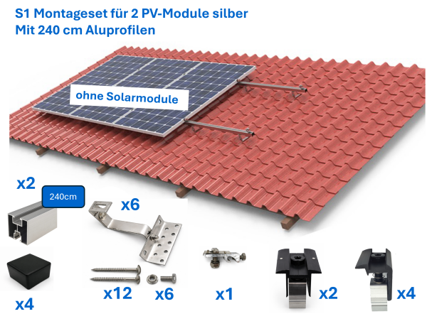 Ziegeldach Montage-Set silber mit 240cm Aluprofilen für 4 Solar PV-Module