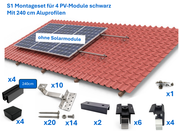 Ziegeldach Montage-Set schwarz mit 240cm Aluprofilen für 4 Solar PV-Module