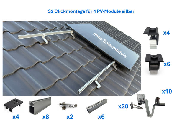 S2 Ziegeldach Clickmontage-Set für 4 PV-Module vertikal