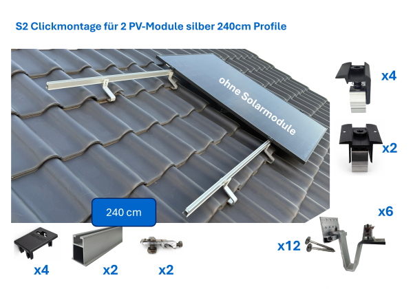 S2 Ziegeldach Clickmontage-Set für PV-Module mit 240cm Aluprofilen für 2 Module vertikal