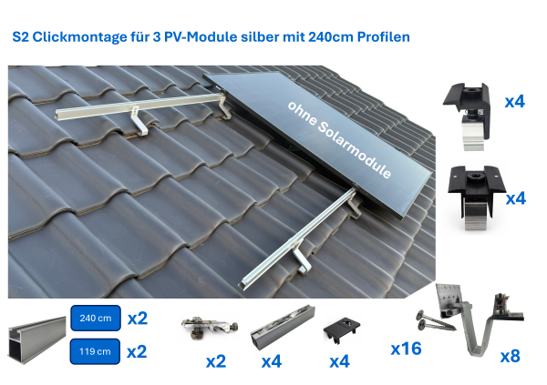 S2 Ziegeldach Clickmontage-Set für PV-Module mit 240cm Aluprofilen für 3 Module vertikal