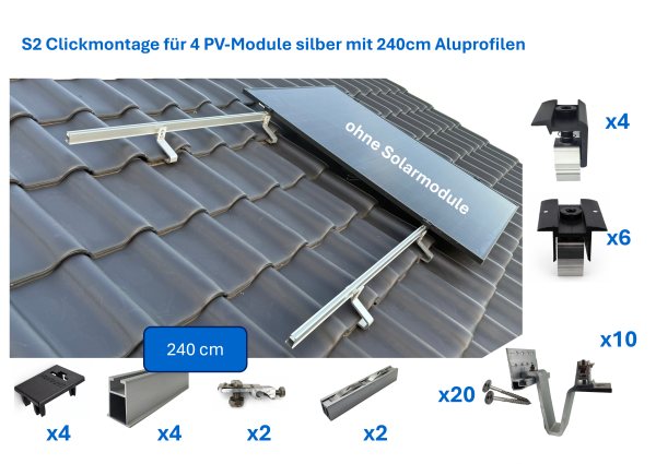 S2 Ziegeldach Clickmontage-Set für PV-Module mit 240cm Aluprofilen für 4 Module vertikal