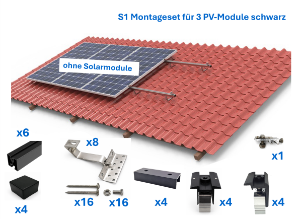 Ziegeldach Montage-Set für 3 PV Module Rahmenhöhe 30mm Profile schwarz (Solarpanel Halterung Befestigung)
